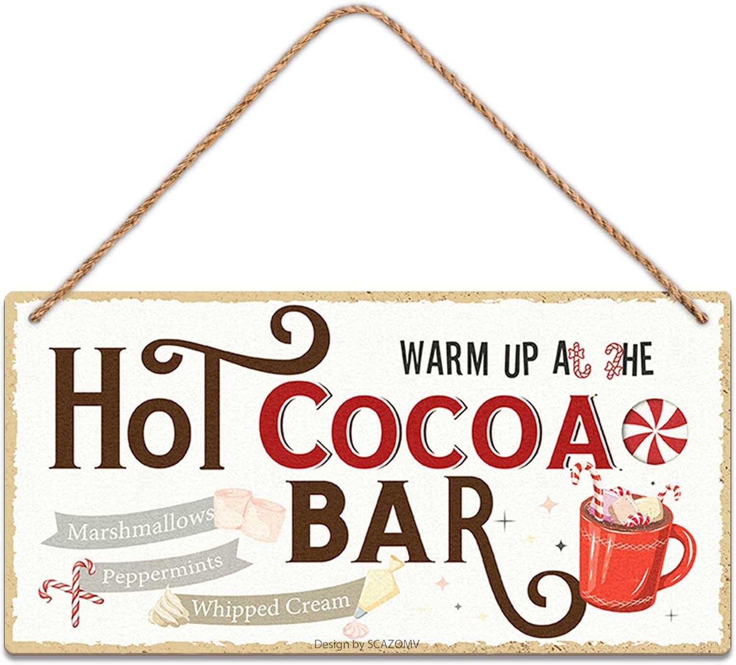 Warm Up at the Hot Cocoa Bar Wooden Hanging Plaque, 10x5 Inch