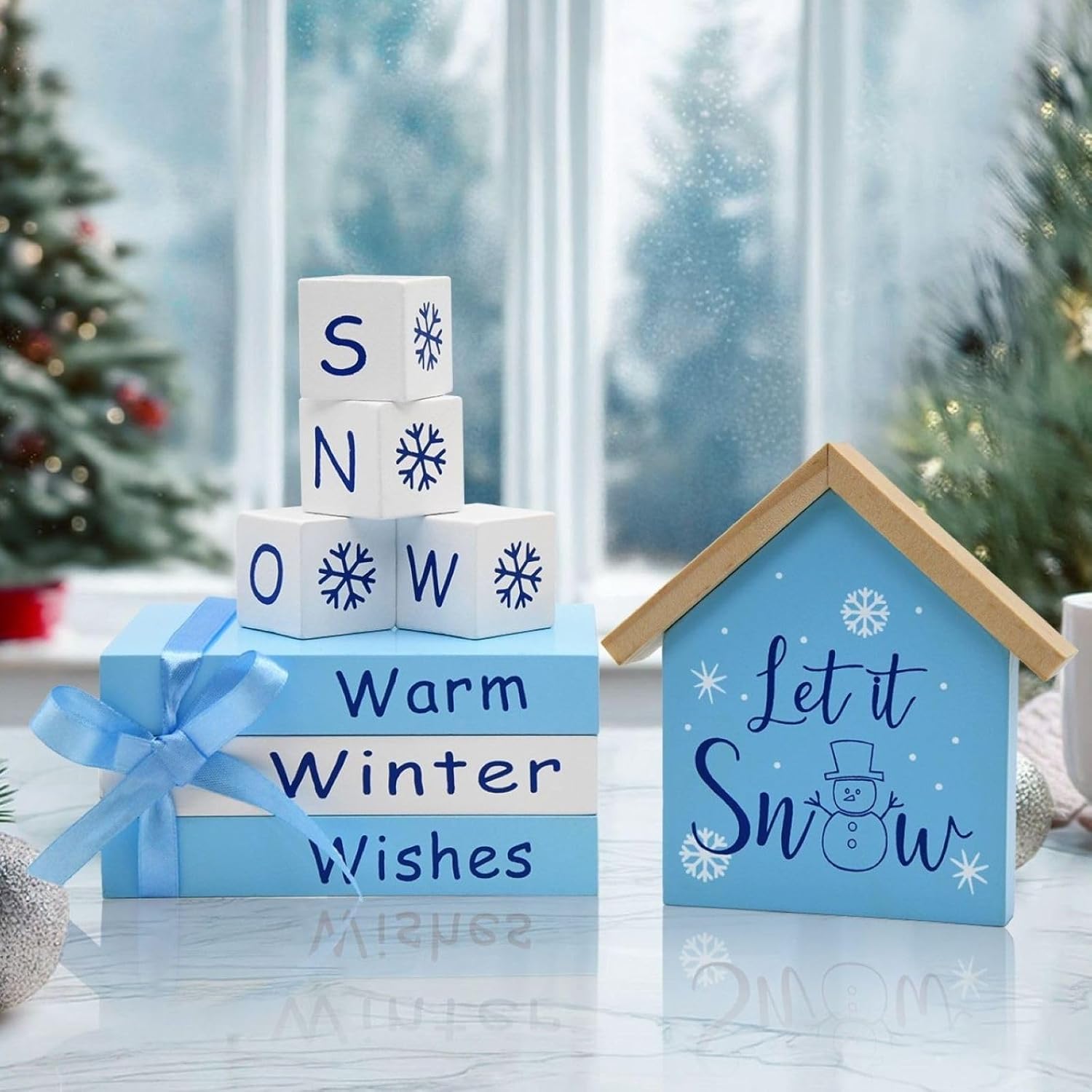Artsemi Winter Wonderland Wooden Tiered Tray Decor Set, Blue and White