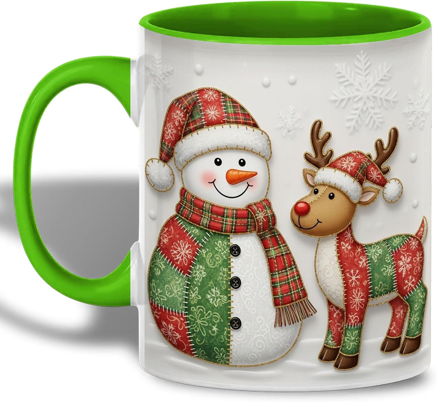 Snowman and Reindeer Christmas Mug, Red and Green Plaid Patchwork, 11 oz
