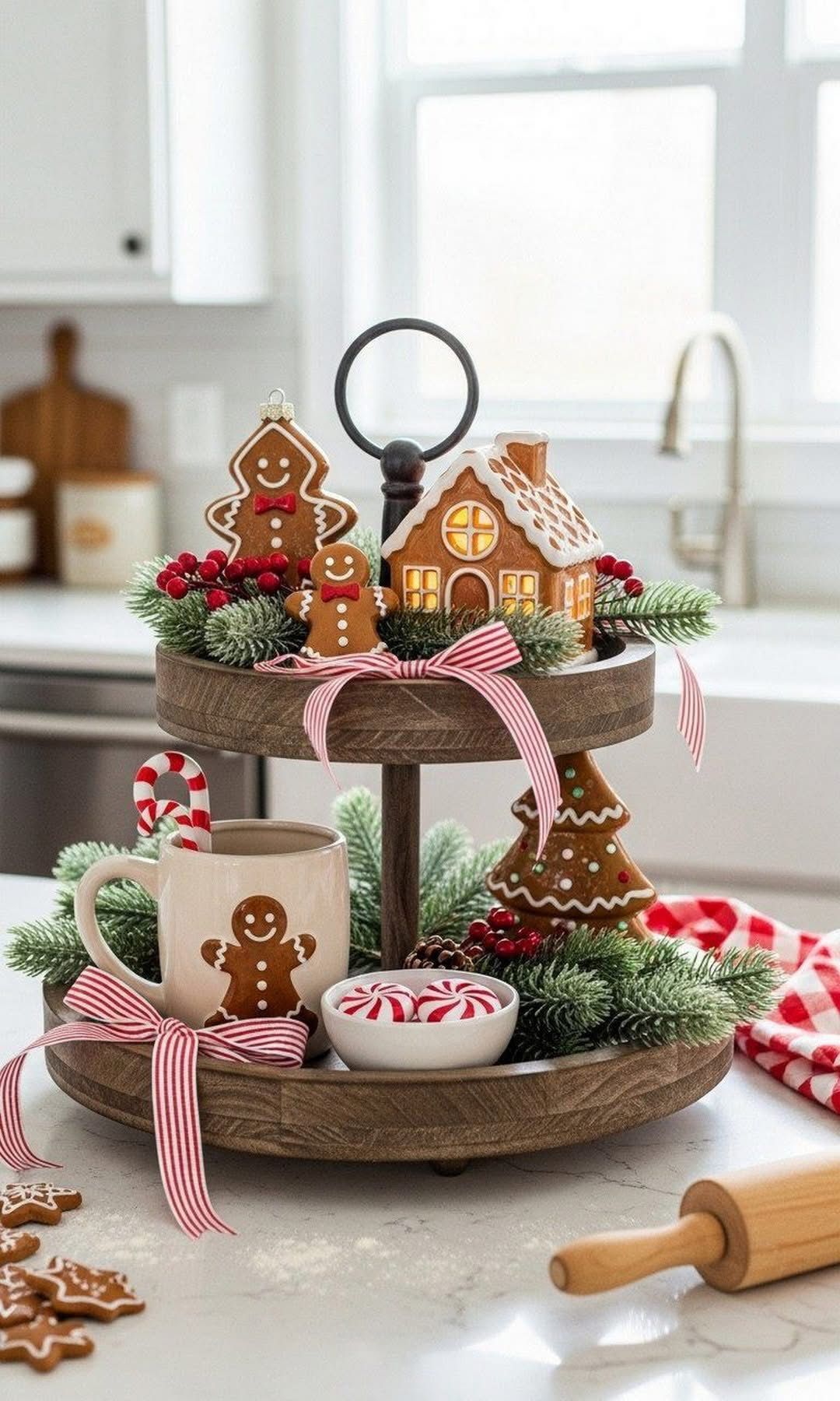Two-tier wooden tray with a lit gingerbread house and gingerbread cookie ornaments