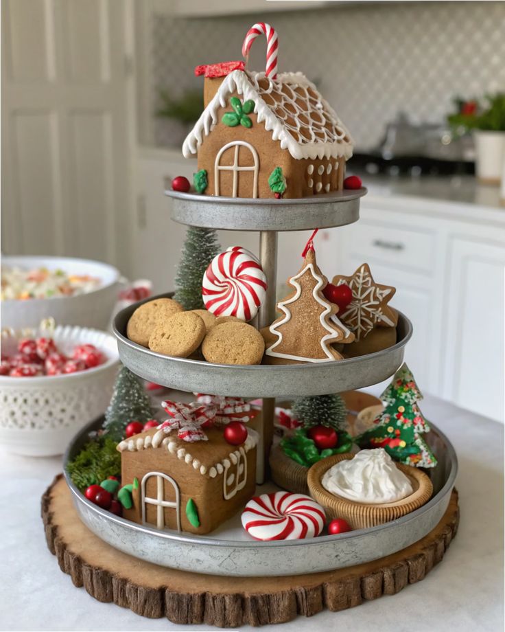 Tiered tray filled with gingerbread man figures, a gingerbread house, and a cookie tree