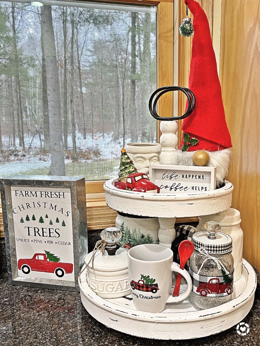 Tiered tray with a red truck mug, Farm Fresh Christmas Trees sign, and gnome hat