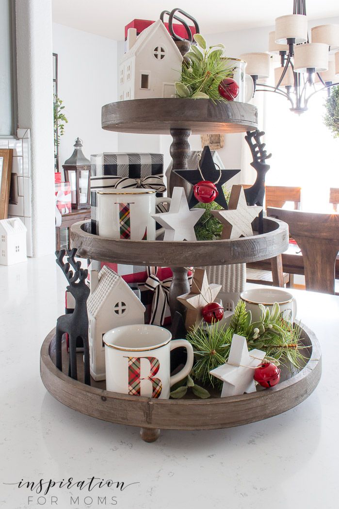 Wood tiered tray with a monogrammed mug and black wood reindeer silhouettes