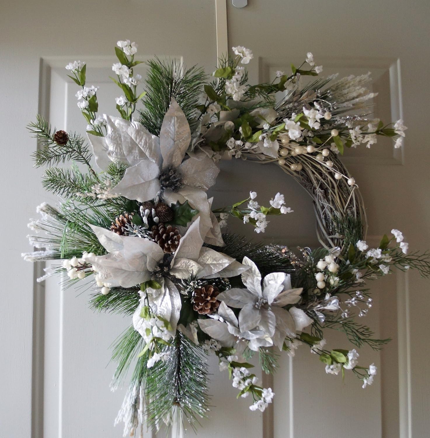 White Silver Christmas Wreath, Silver Poinsettia Victorian Style