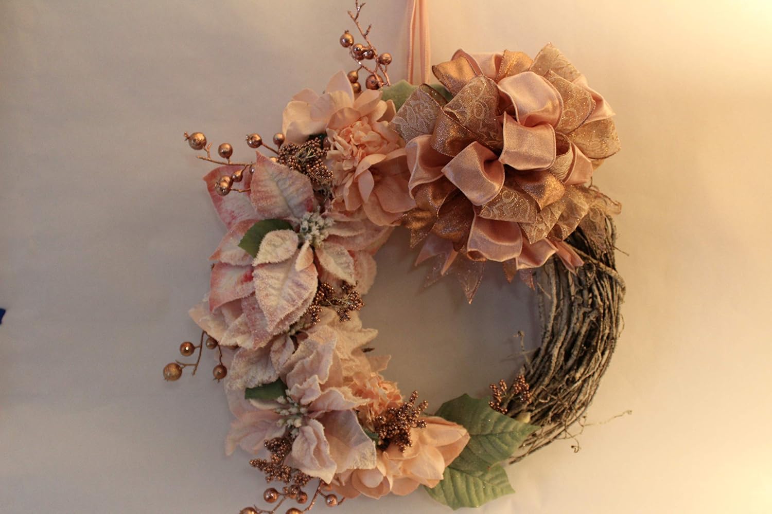 Blush Pink Christmas Wreath with Poinsettia, Frosted Grapevine Base