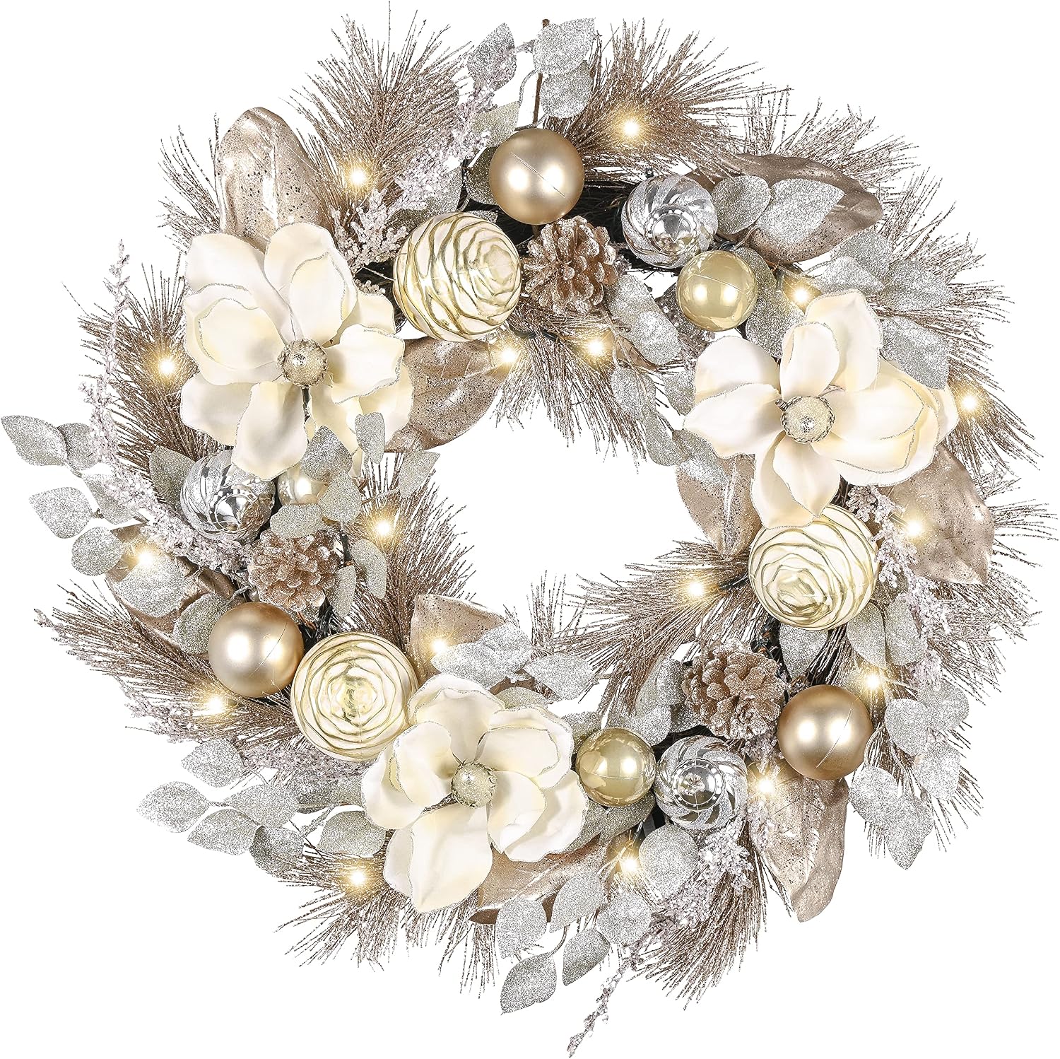 Valery Madelyn 24'' Pre-Lit Christmas Wreath, Champagne Gold Balls and Magnolia