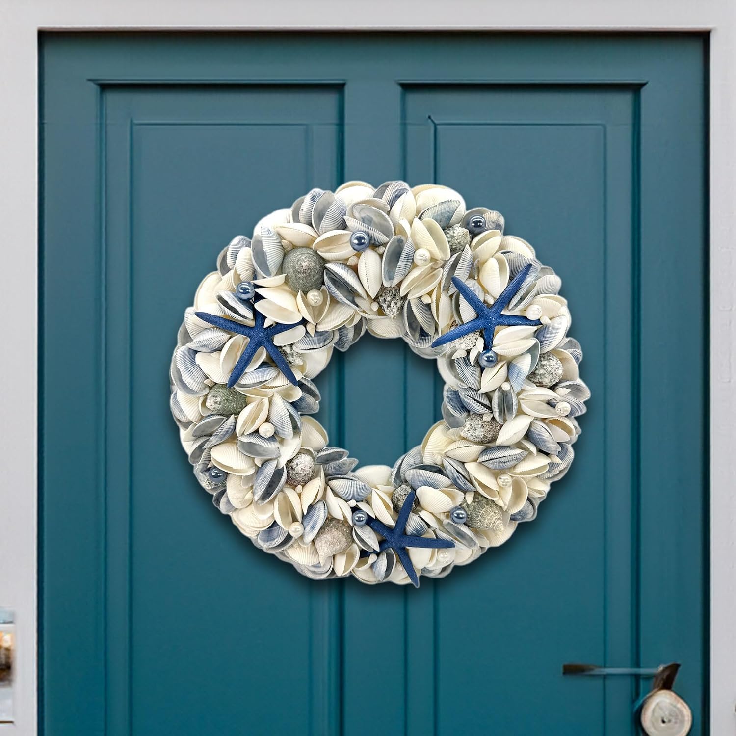 Natural Seashell Wreath with Starfish and Pearls, 18 in