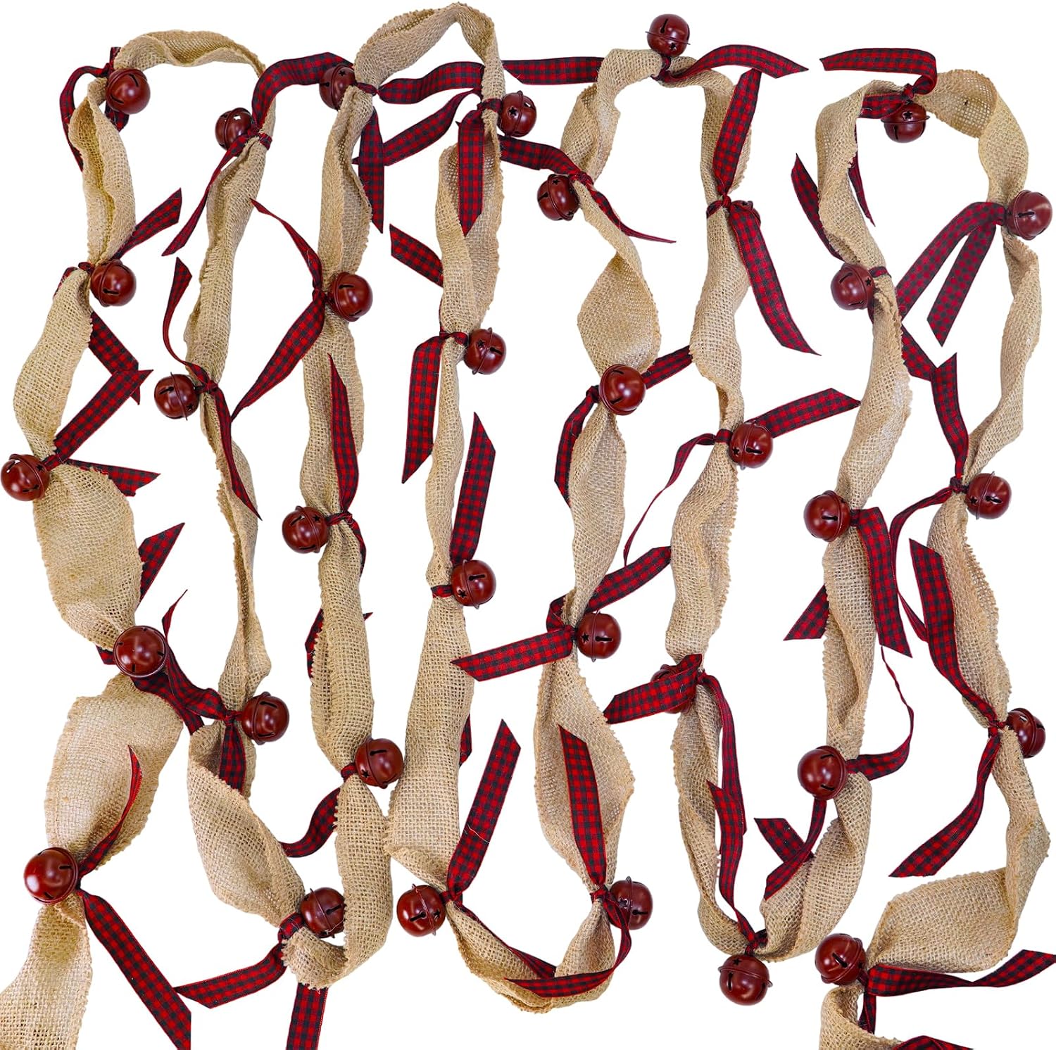 Winlyn Rustic Sleigh Bell Garland, Burlap with Buffalo Plaid Ribbon