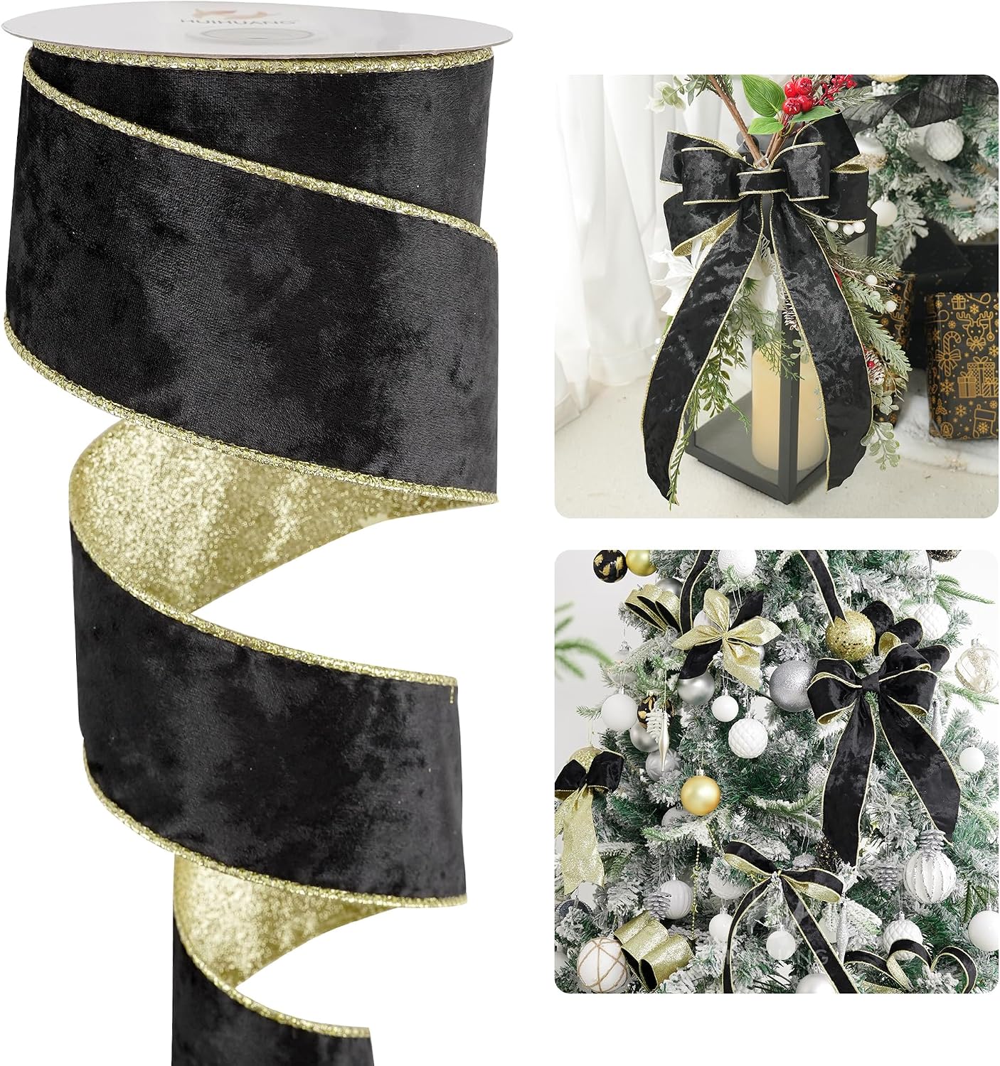 HUIHUANG Black Velvet Wired Ribbon, Black and Gold Glitter, 2.5 Inch