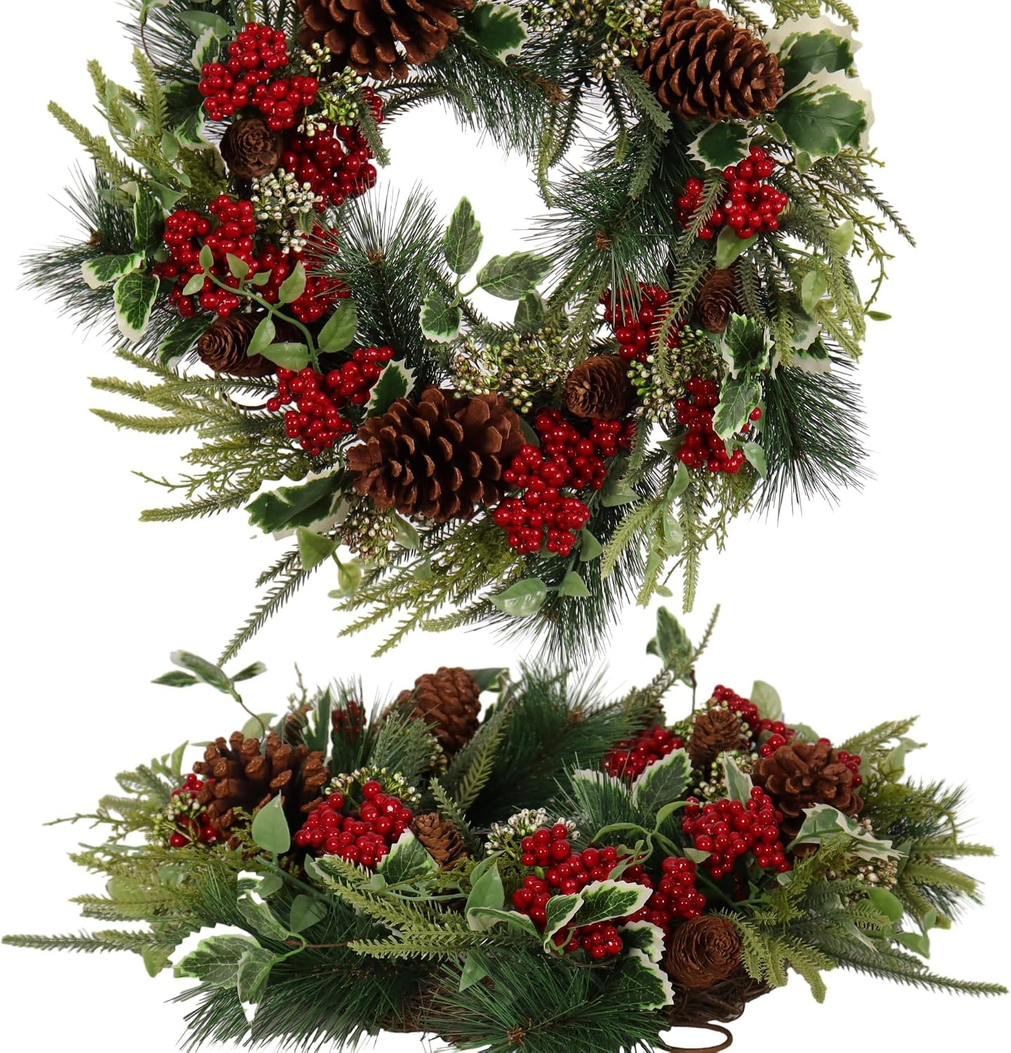 Pudate Christmas Wreath, 22 in, Artificial Pine with Red Berries and Pinecones