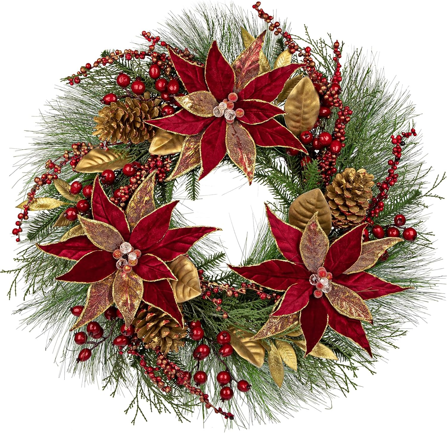 Hollyone Gold Poinsettia Christmas Wreath, 24 in, with Berries and Magnolia Leaves