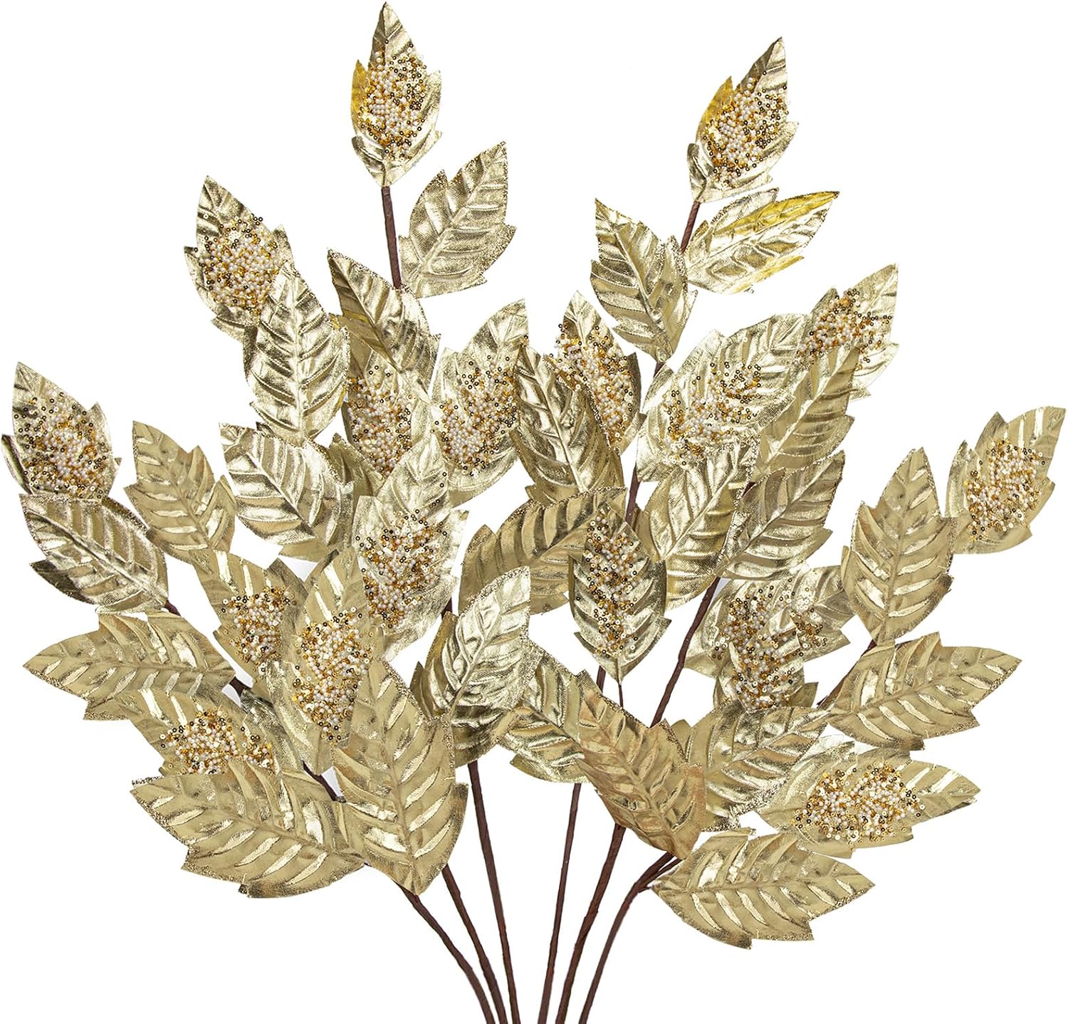 Golden Christmas Tree Picks and Sprays, Champagne Glitter Leaves, 6 Pcs