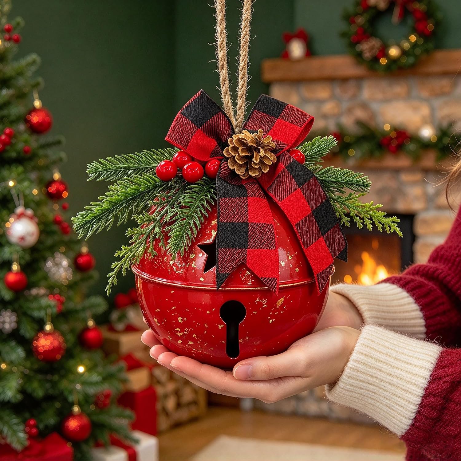 6 Inch Large Red Jingle Bell Decoration, Buffalo Plaid Bow with Pine Cone