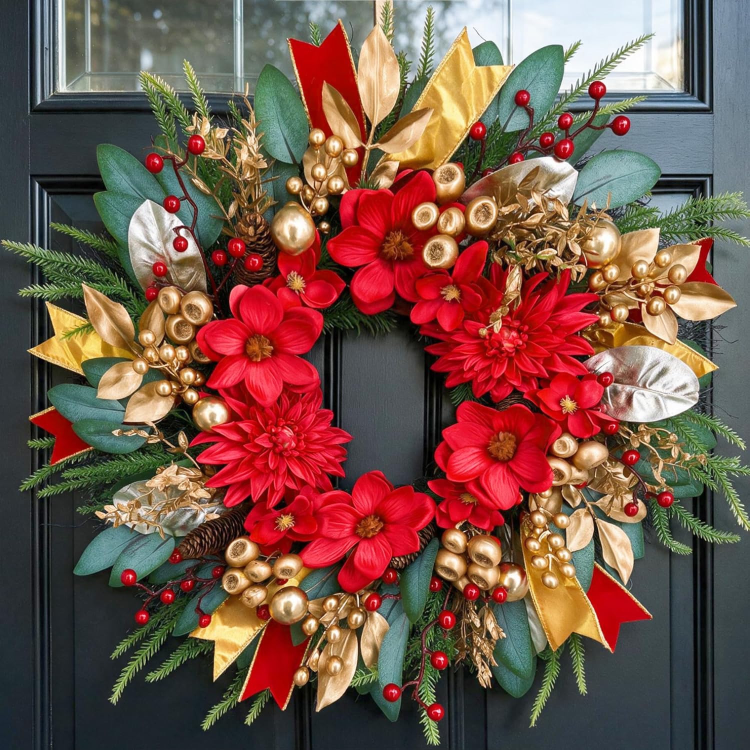 IVKHE 24 Inch Red and Gold Christmas Wreath with Velvet Ribbon and Magnolia