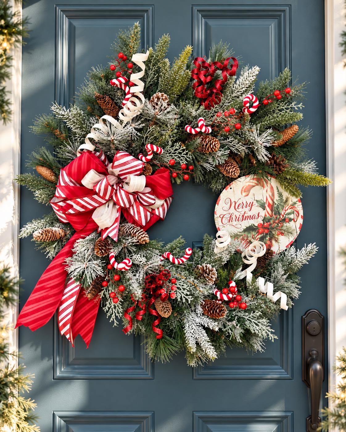 Candy cane striped wreath with a round Merry Christmas sign