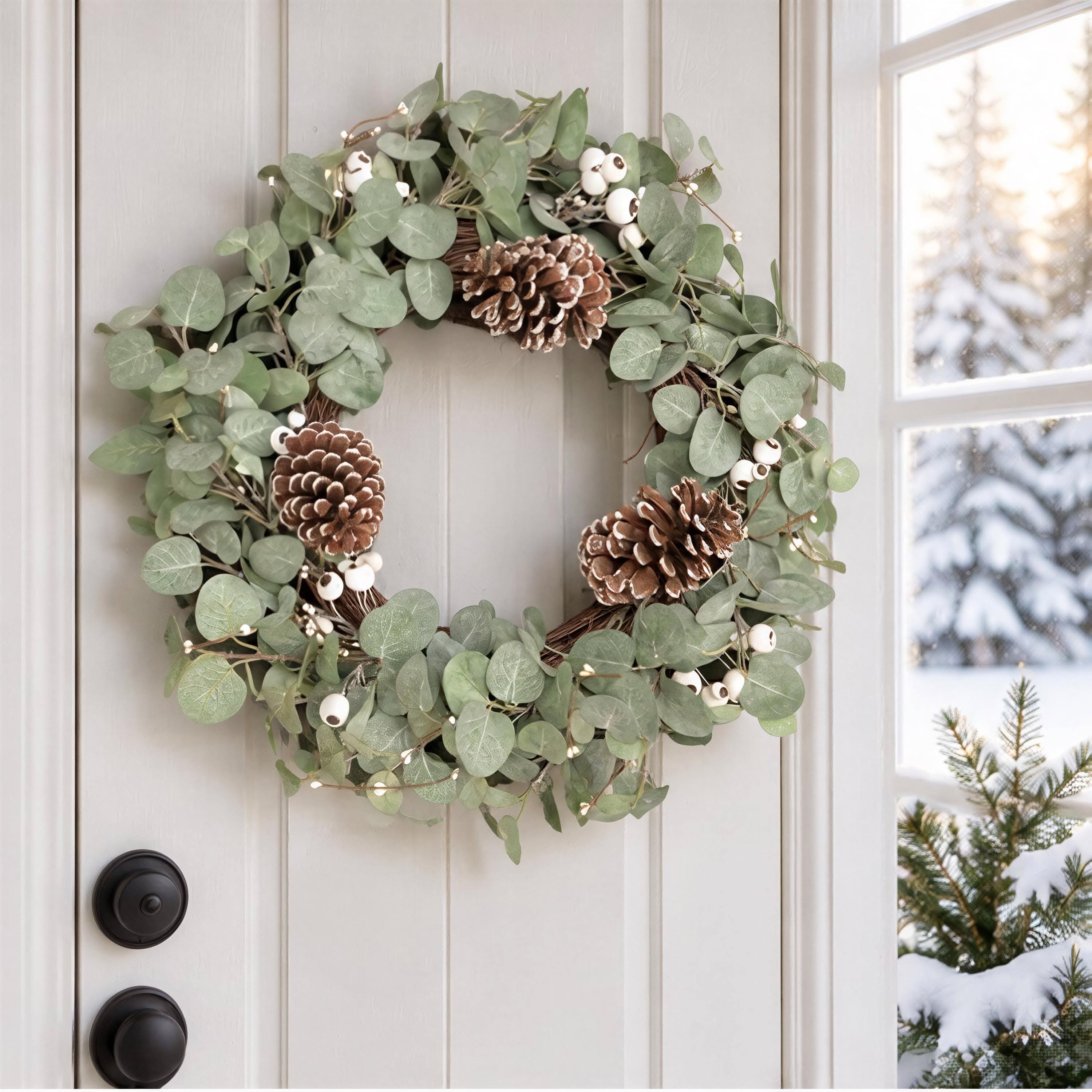 Eucalyptus and pinecone wreath with white berries on a white door