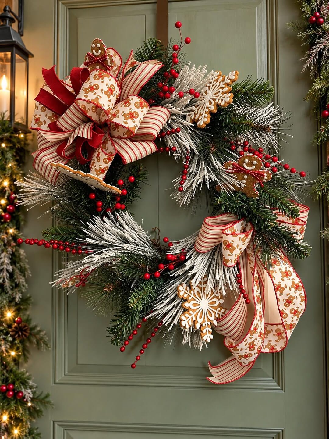 Christmas wreath with gingerbread man cutouts and striped ribbon