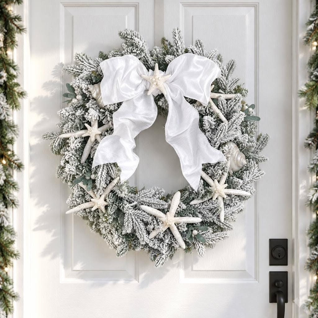 Coastal Christmas wreath with starfish and a white bow