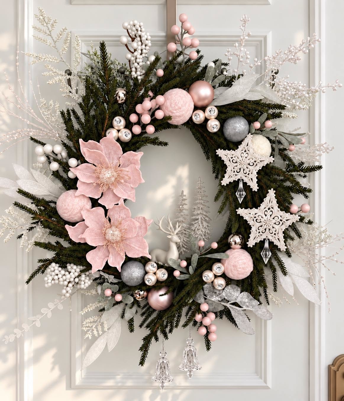 Blush pink Christmas wreath with poinsettias and silver ornaments