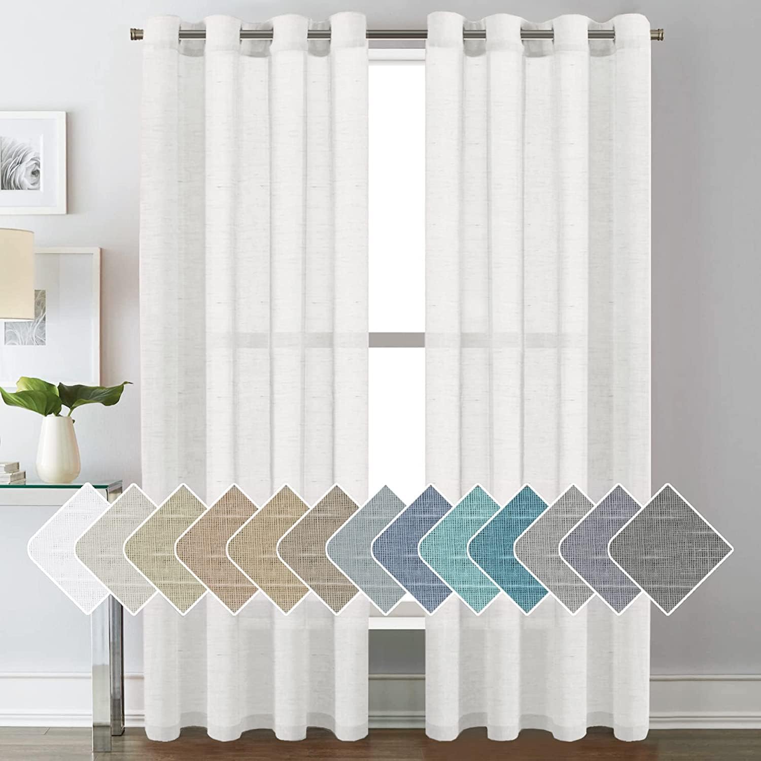 H.VERSAILTEX White Linen Sheer Curtains, 84 Inch, 2 Panels, Grommet