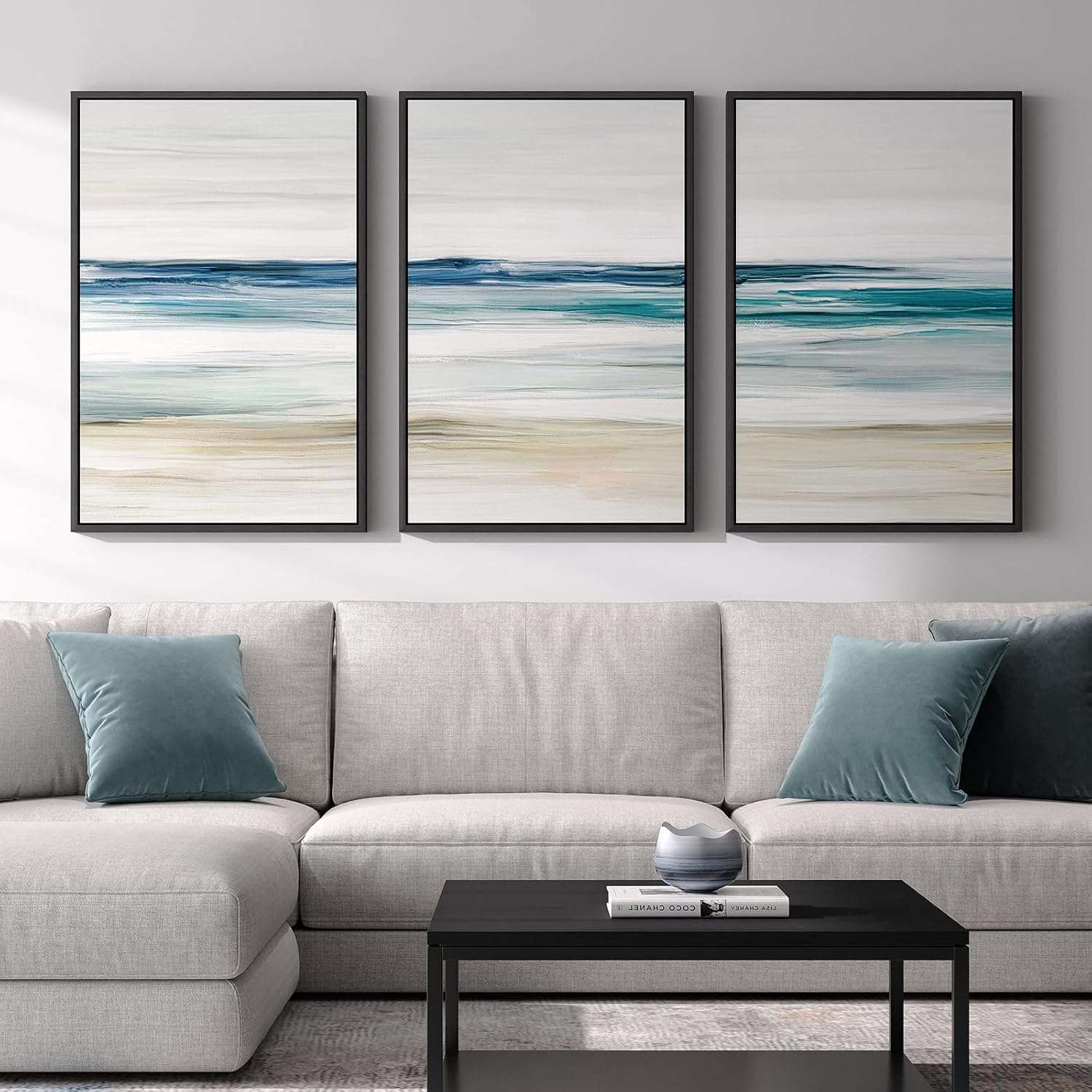Large Framed Blue Abstract Coastal Ocean Wall Art, 24 x 36 Inch