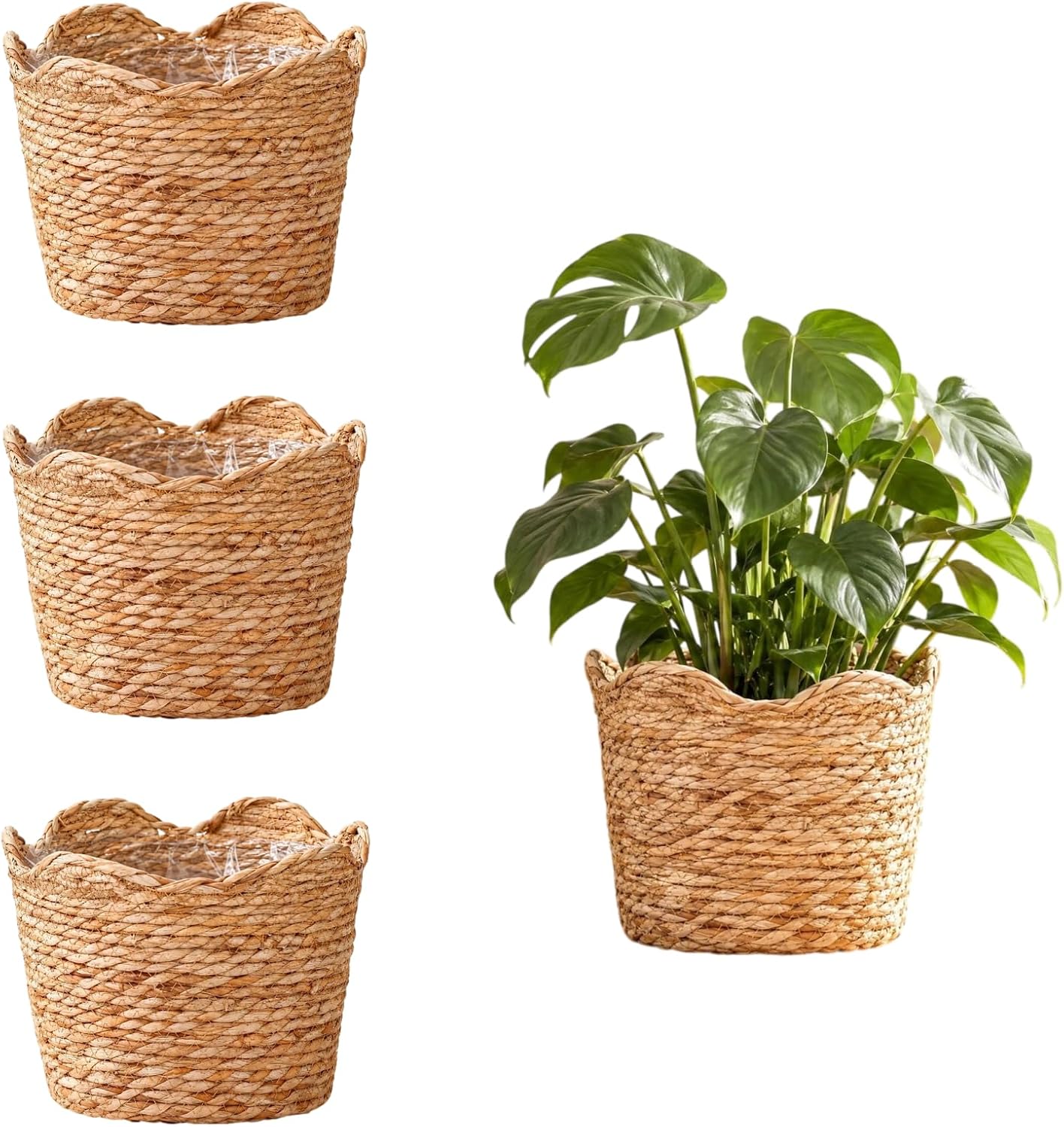 Large Seagrass Planter Baskets with Plastic Lining, Set of 4