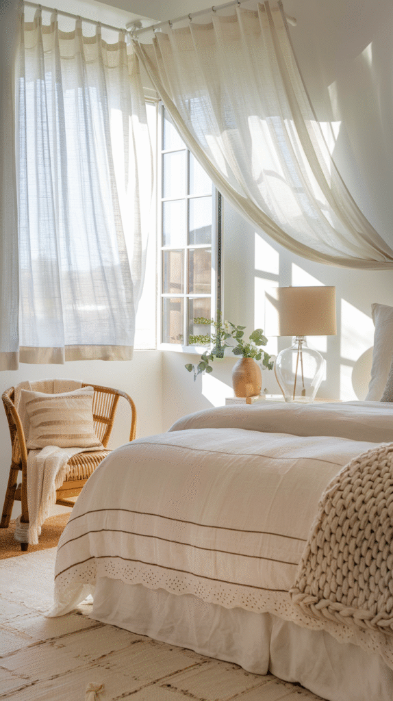 Light, breezy fabrics enhancing the airy feel of a coastal bedroom