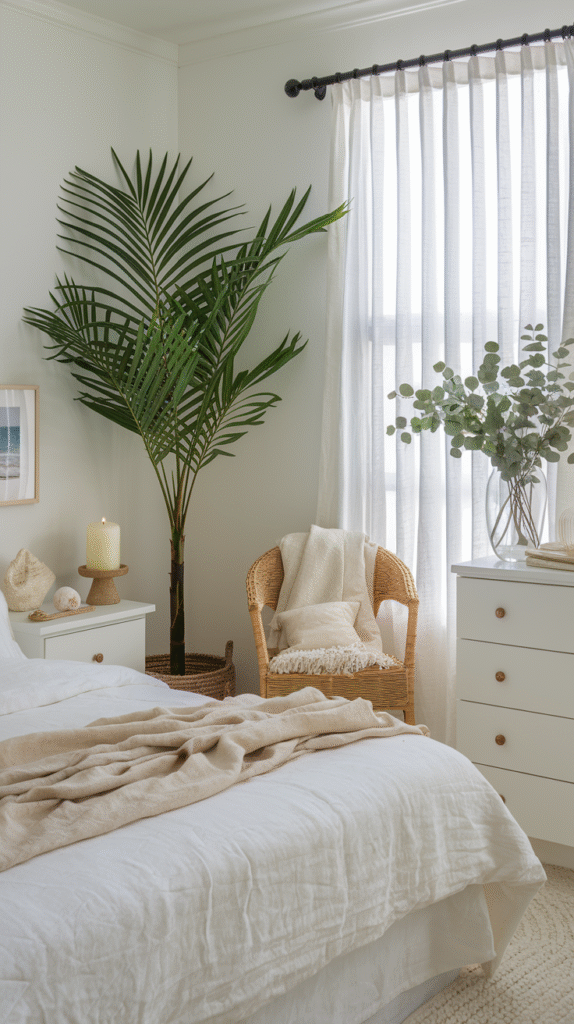 Greenery adding fresh, natural touches to a coastal bedroom