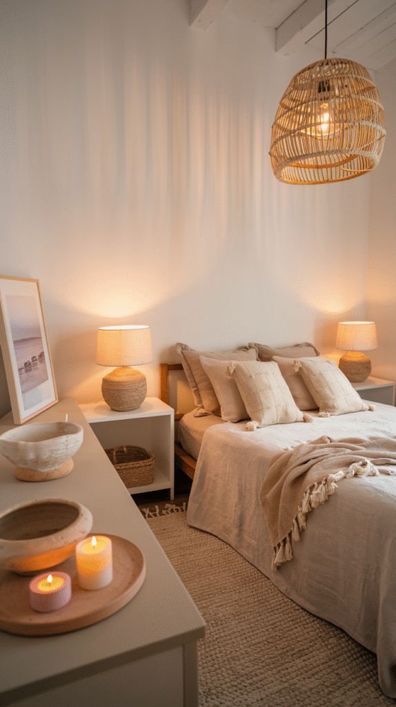 Layered lighting creating a sunlit feel in a coastal bedroom