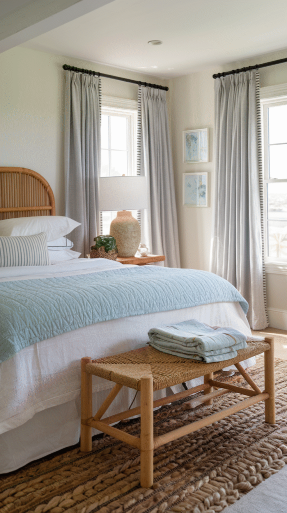 Natural textures like linen and rattan in a coastal bedroom