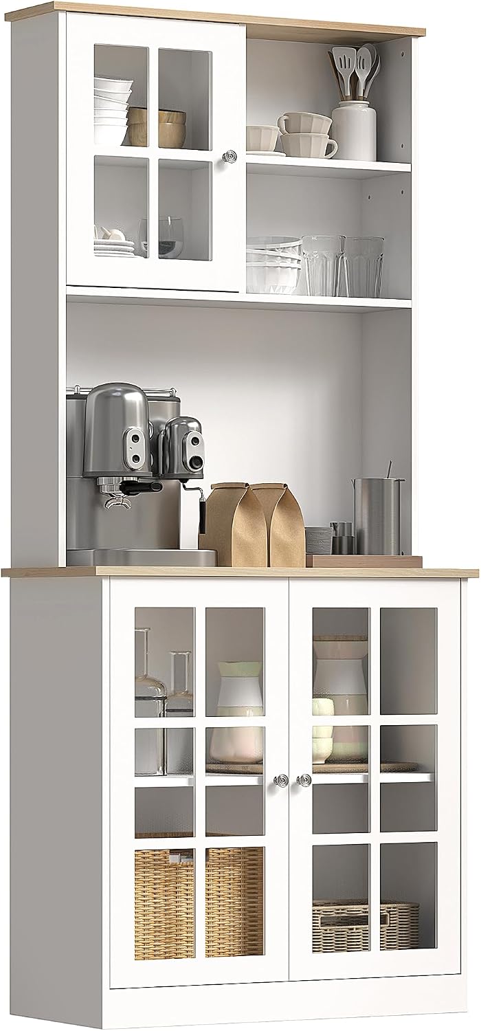 HOMCOM 72 Inch Kitchen Pantry Cabinet with Hutch, Off White