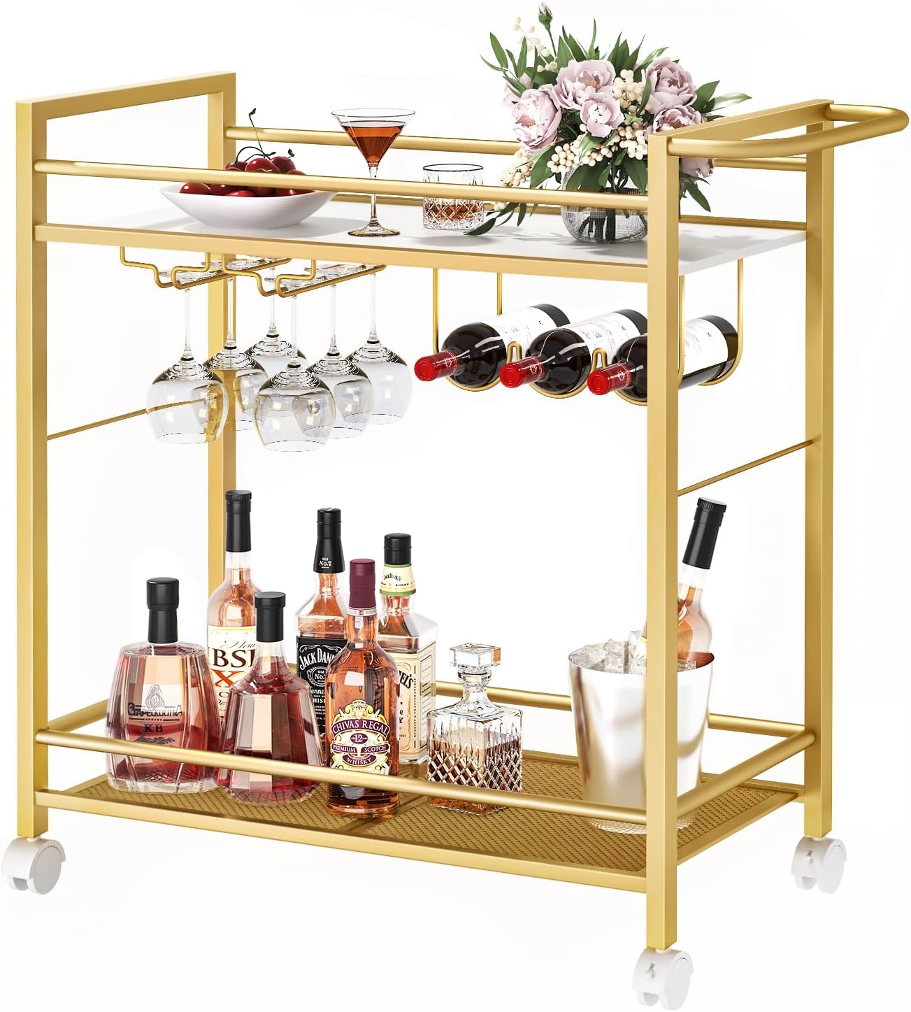Joaxswe Gold Bar Cart with Wheels and Storage Shelves