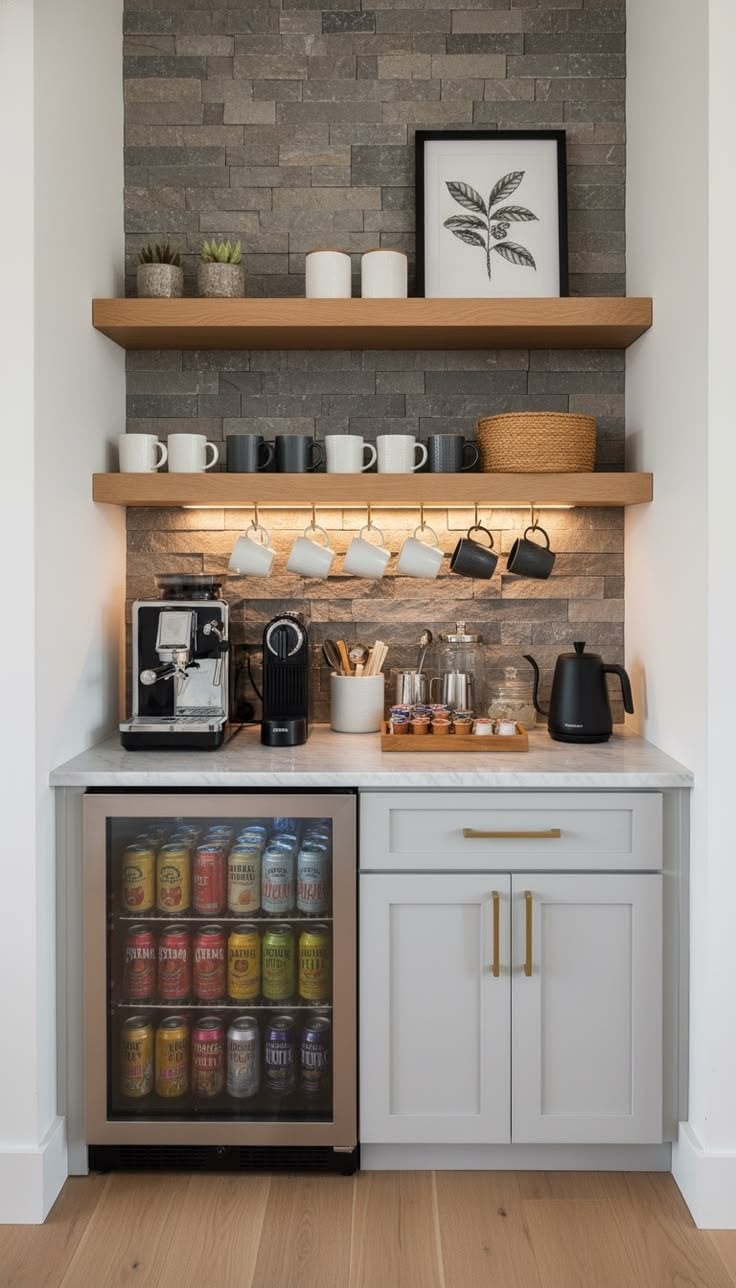 Coffee bar with two oak shelves against a gray stone backsplash, mugs on the lower shelf and a framed leaf print above