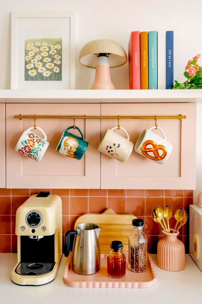 Pink cabinets with a brass rail of colorful mugs above terracotta tile, a cream espresso machine and a pink tray