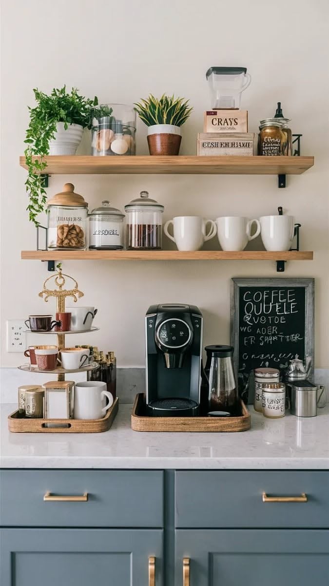 Coffee maker and mugs on wooden trays on a white counter with a tiered mug stand and a small chalkboard sign