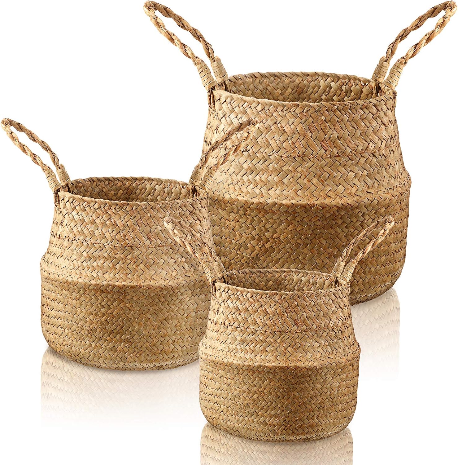 Patelai Woven Seagrass Belly Baskets with Handles, 3 Pack