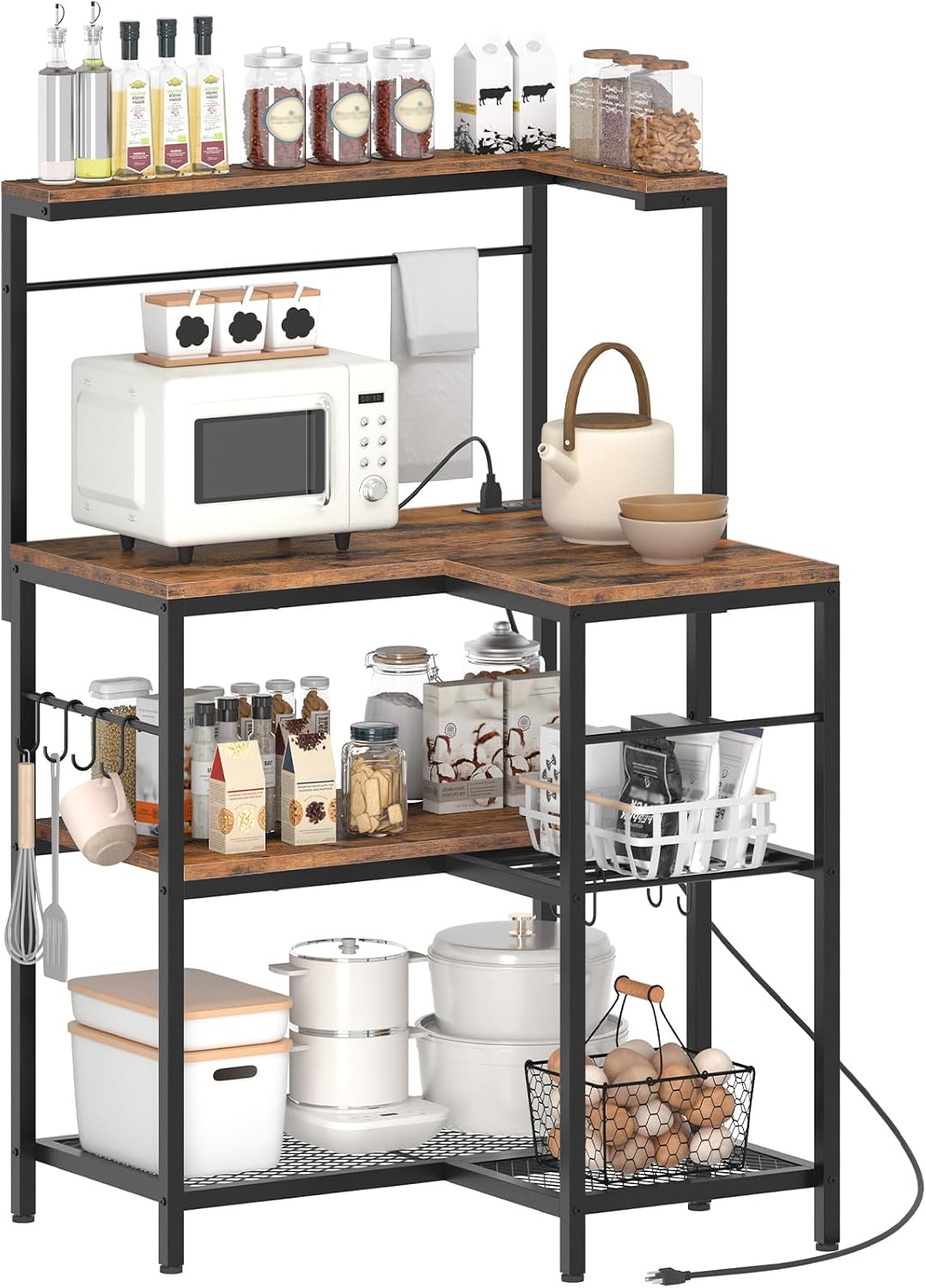 HOOBRO L-Shaped Bakers Rack with Power Outlet, 4-Tier Corner Coffee Station