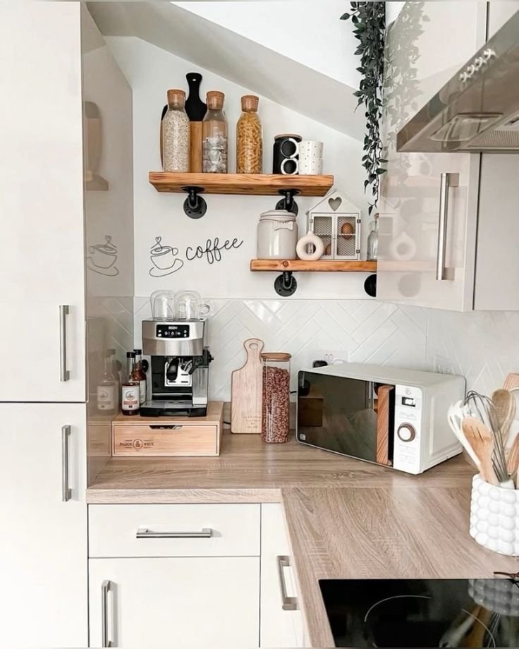 Coffee station built into an awkward kitchen corner space