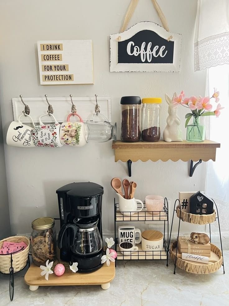 Coffee station featuring an open display of coffee mugs