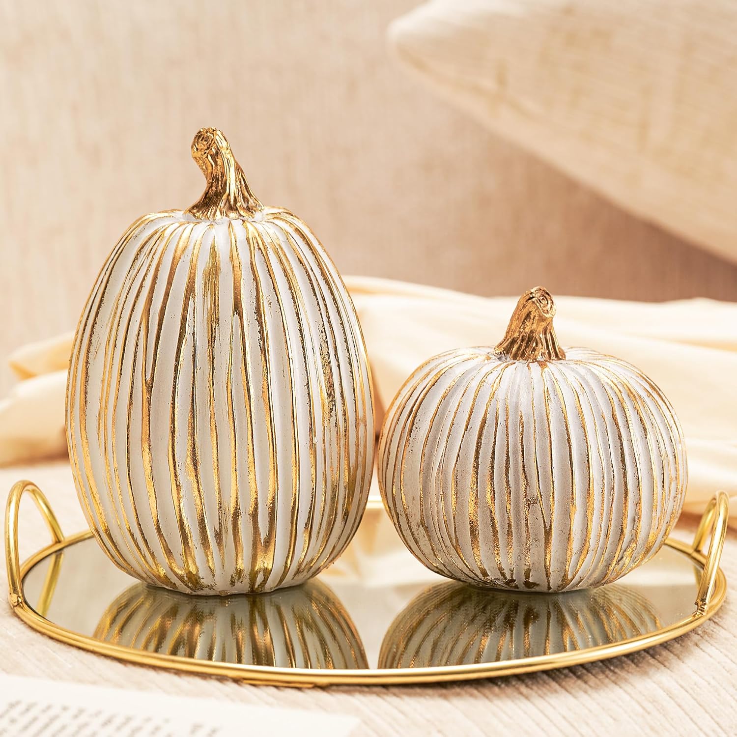 DN DECONATION White and Gold Fall Pumpkin Decoration for Table Centerpieces
