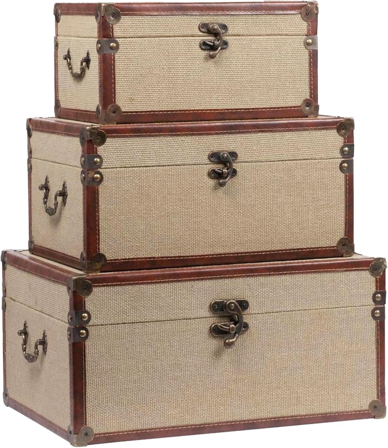 Farmhouse Decorative Storage Trunks Set of 3 Linen and Wood Boho Vintage Boxes with Metal Handles and Clasp, Rustic Wooden Keepsake Chests for Living Room, Entryway & Bedroom Organization