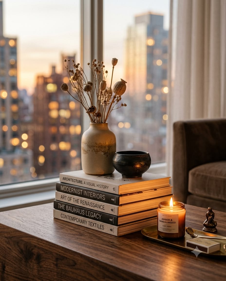Graduated stack of design books topped with a vase and a small bowl on a coffee table