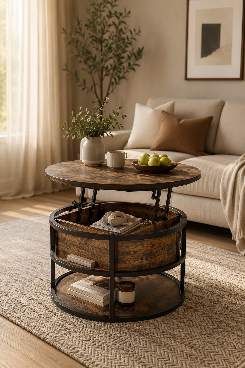 Round lift-top coffee table with an open, lightly styled surface and hidden storage below