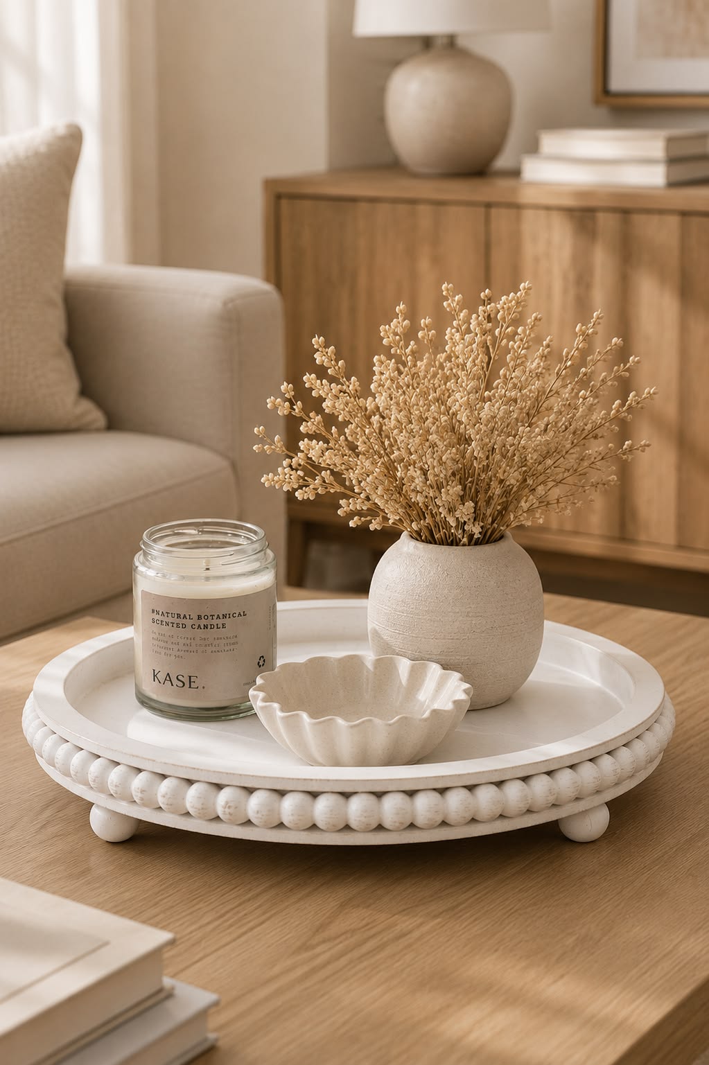 Low wide vase with dried stems styled on a round white decorative tray