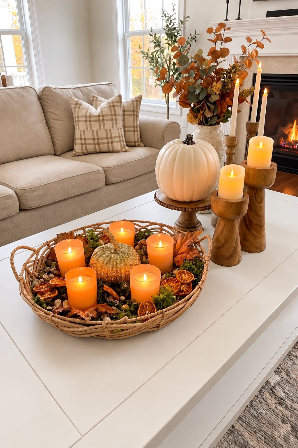 Coffee table styled for fall with pumpkins, candles and rustic details