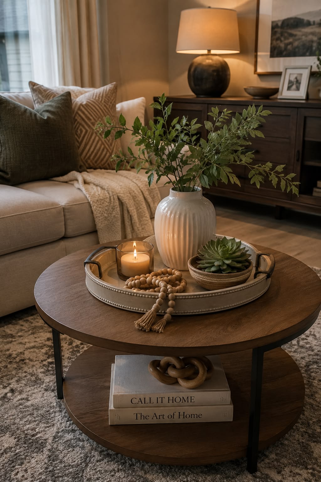 Round coffee table with a tray holding a candle, vase and a small bowl with a succulent