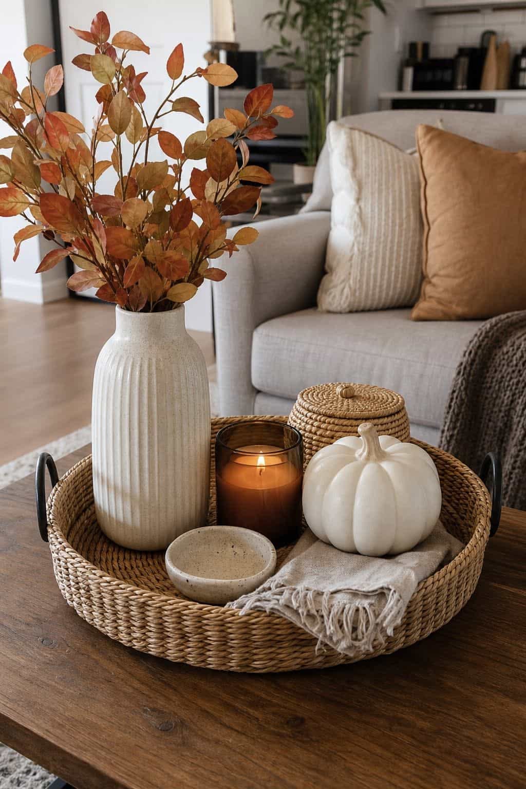 Round tray styled with candles and dried stems for fall on a coffee table
