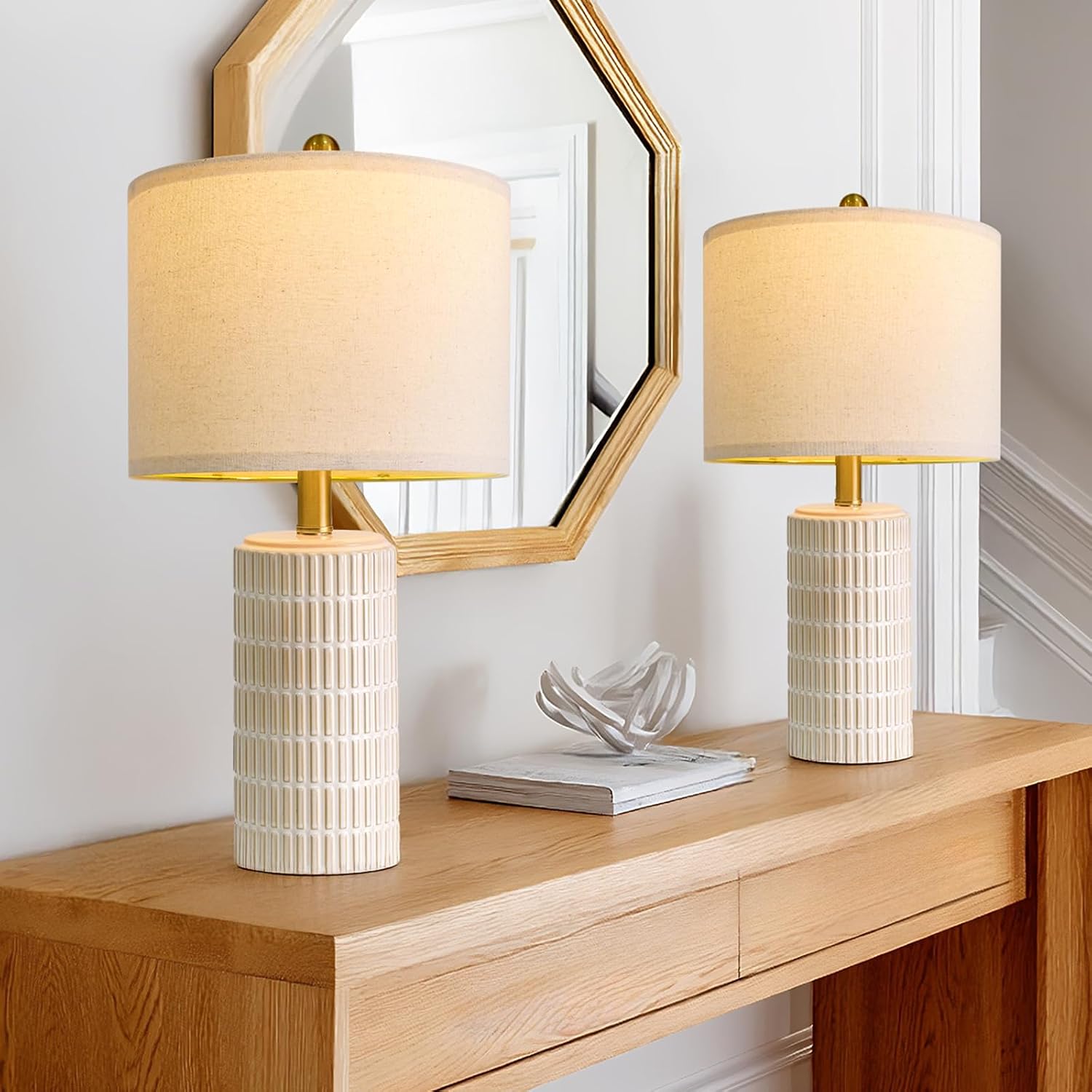 PoKat 20.75 Inch Small Modern Ceramic Table Lamps, Set of 2, White