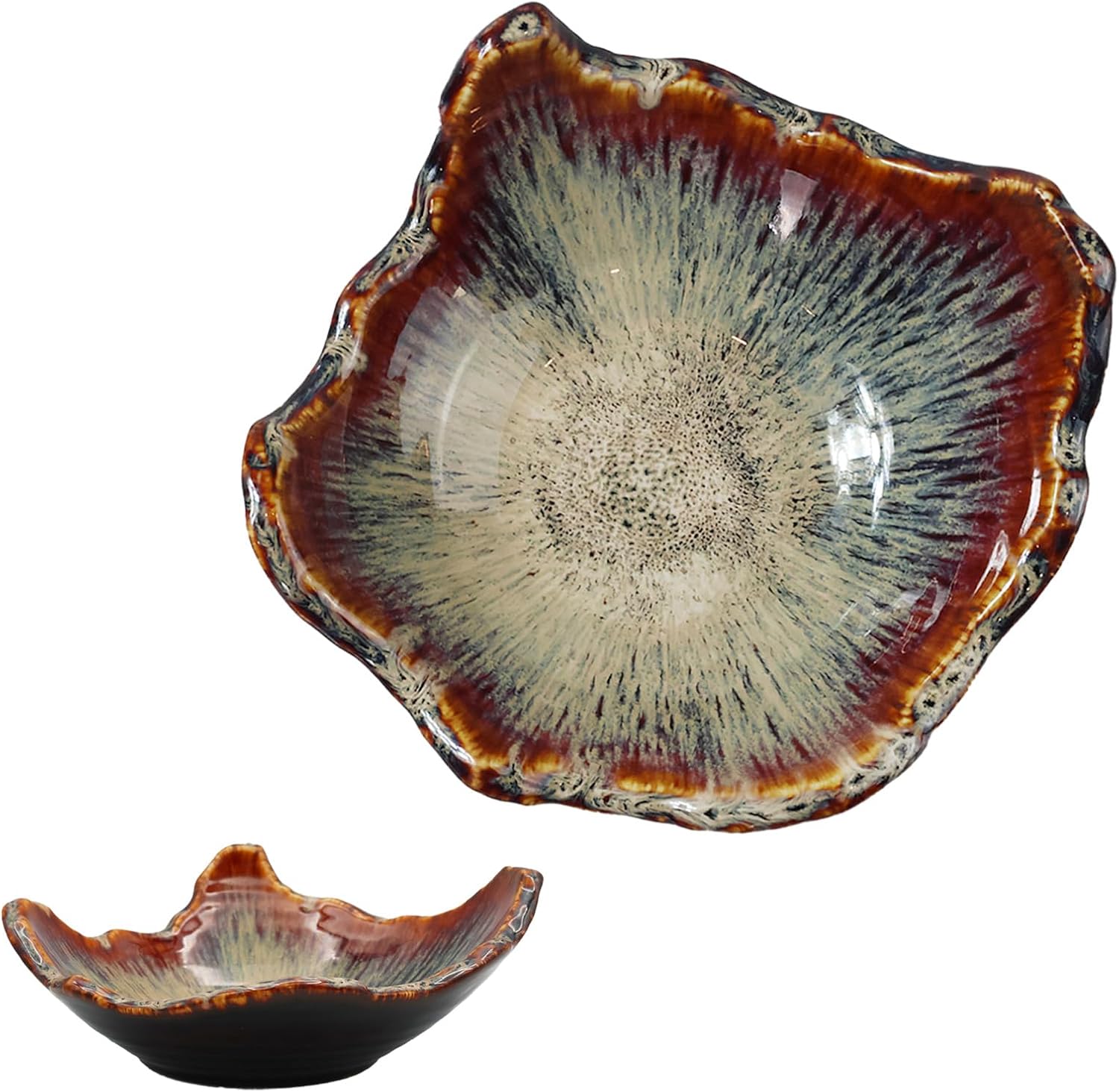 8 Inch Ceramic Decorative Bowl, Irregular Rim, Reactive Glaze