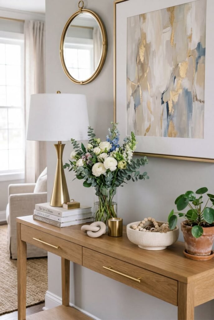 Framed artwork leaning against the wall behind a styled console table
